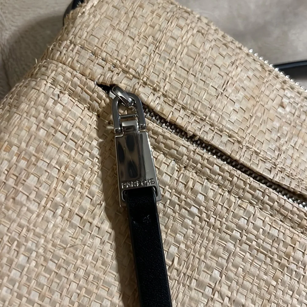 PAROIS Jute CrossBody Purse with Black Leather‎ Strap